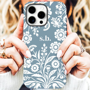 Coques iPhone 16 Pro Max Monogramme floral poussiéreux bleu Fleur sauvage r