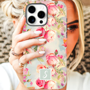 Coques iPhone 16 Pro Max Monogramme floral rose et pêche vintage