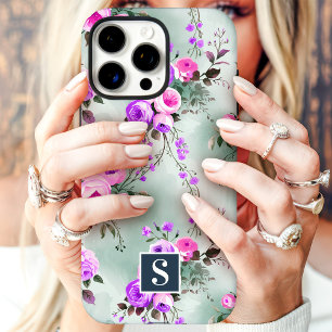 Coques iPhone 16 Pro Max Monogramme floral rose et violet