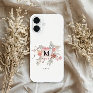 Coque Pour iPhone 16 Monogramme floral rose pâle élégant