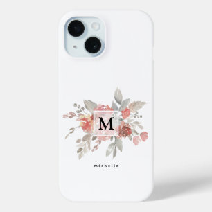 Coque Pour iPhone 15 Monogramme floral rose poudré élégant