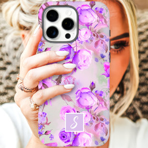 Coques iPhone 16 Pro Max Monogramme floral vintage rose et violet