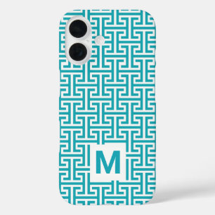 Coque Pour iPhone 16 Monogramme géométrique bleu et blanc