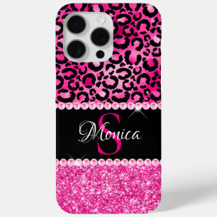 Coque iPhone 15 Pro Max Monogramme Glamour Tache de Léopard Noir et Rose C