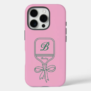 Coques iPhone 16 Pro Monogramme Green Bow Pickleball Paddle rose