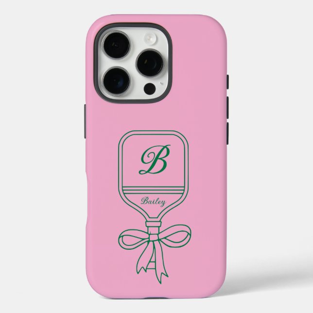Coques Case-Mate iPhone Monogramme Green Bow Pickleball Paddle rose (Verso)