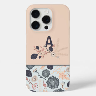 Coque iPhone 15 Pro Monogramme Gris bleu Pêche Floral
