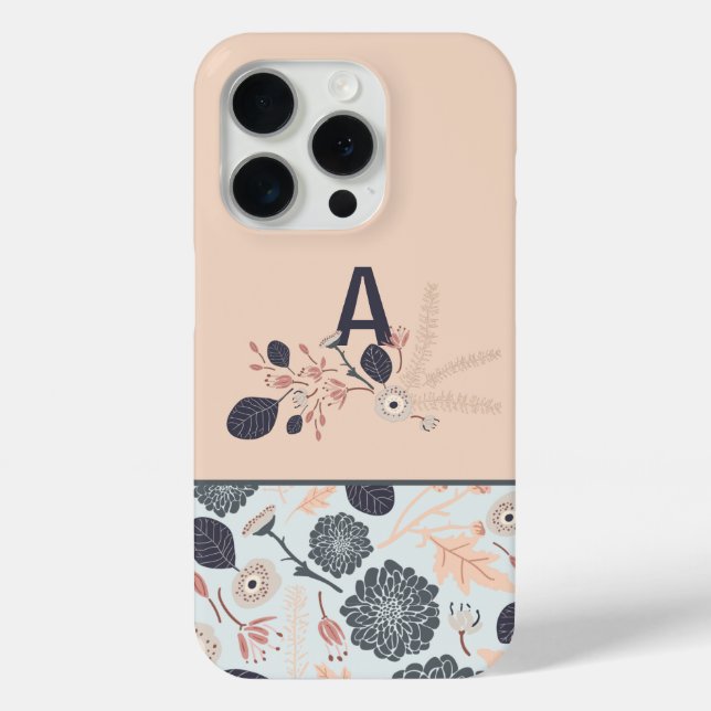 Coques Case-Mate iPhone Monogramme Gris bleu Pêche Floral (Verso)