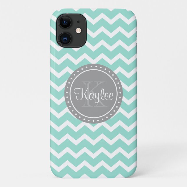 Coques Case-Mate iPhone Monogramme gris de menthe Chevron (Dos)