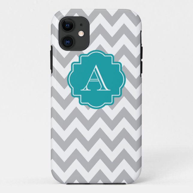 Coques Case-Mate iPhone Monogramme gris et blanc de Chevron Teal (Dos)
