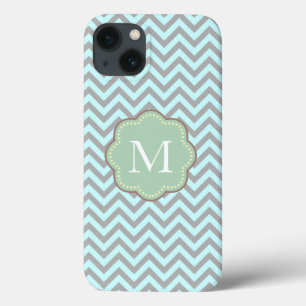 Coques Pour iPhone Monogramme gris et bleu Chevron