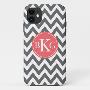 Coque iPhone 11 Monogramme gris-foncé et de corail de coutume de