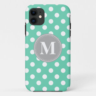 Coque iPhone 11 Monogramme gris Pois blanc et menthe