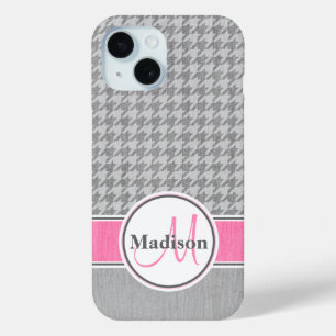 Coque Pour iPhone 15 Monogramme Houndstooth Motif Gris et rose