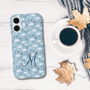 Coque Pour iPhone 16 Monogramme Initial Boho Bleu Blanc Floral Tendance