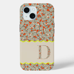COQUE POUR iPhone 15 MONOGRAMME INITIAL D VERT ET ROUGE PETITES FLEURS