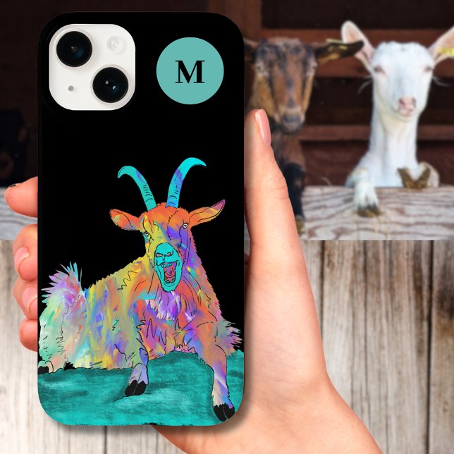 Coques Case-Mate iPhone Monogramme Initial de Chèvre Criant Drôle  (Funny screaming goat colorful farm animal illustration with monogram initial custom iPhone case)