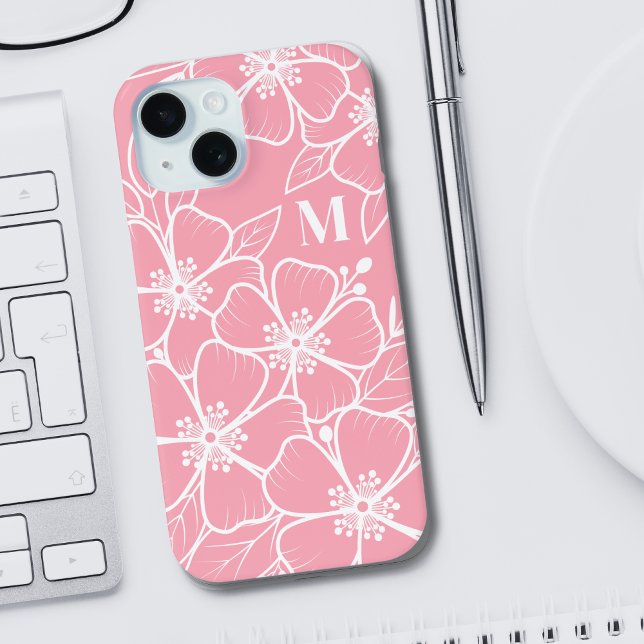 Coques Case-Mate iPhone Monogramme Initial Floral Blanc Rose (Girly Pink Floral Initial Monogram iPhone 15 Case)