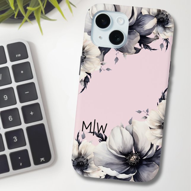 Coques Case-Mate iPhone Monogramme Initial Floral Rose Pâle (Chic Girly Floral Black White Blush Pink Monogram Case-Mate iPhone Case)