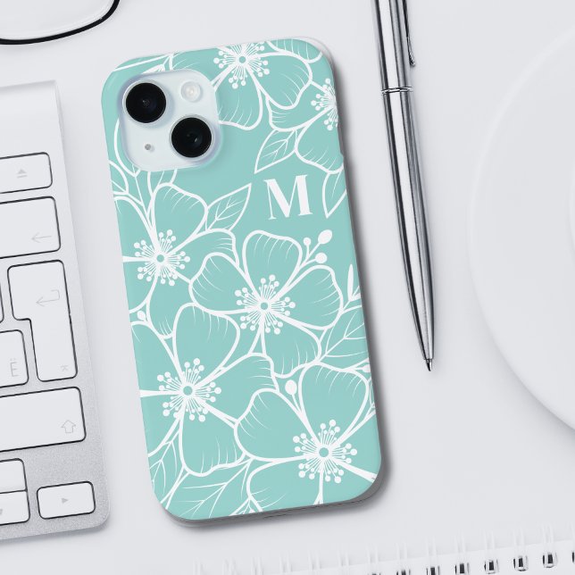 Coques Case-Mate iPhone Monogramme initial Turquoise bleu simple (Simple Teal Blue Floral Initial Monogram iPhone 15 Case)