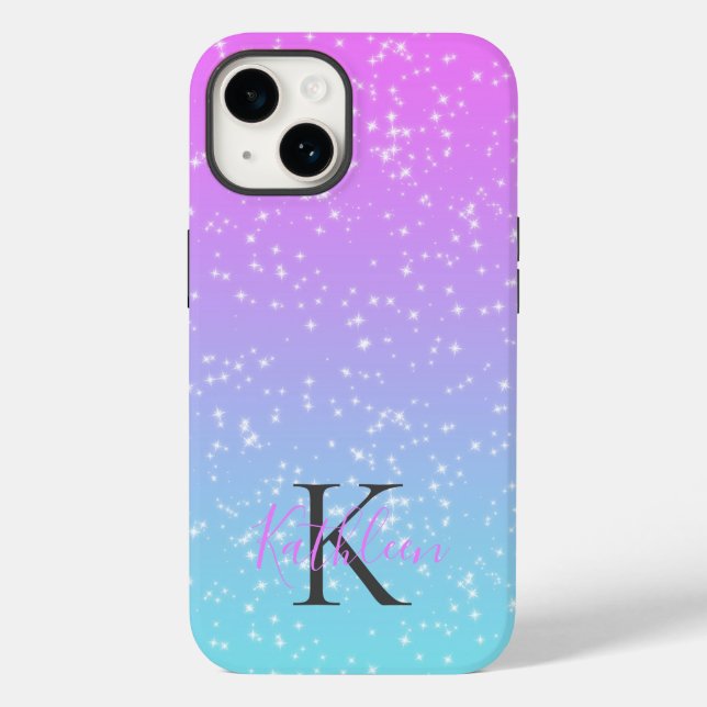 Coques Case-Mate iPhone Monogramme initiale nom rose bleu paillettes ombré (Verso)