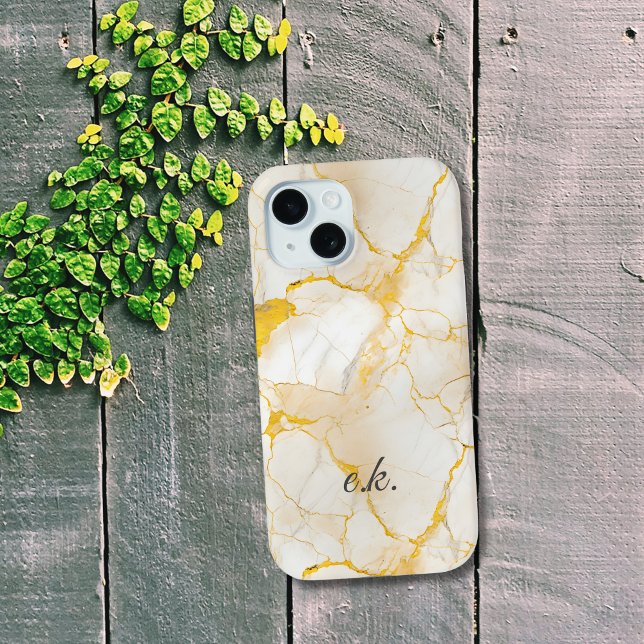Coques Case-Mate iPhone Monogramme Initiales en marbre blanc jaune or (Monogram Initials name gold yellow white marble iPhone case.)