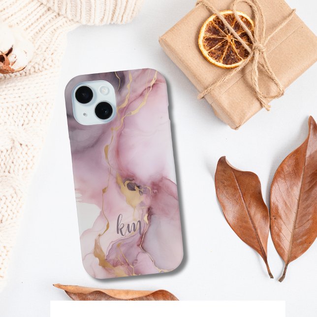 Coques Case-Mate iPhone Monogramme Initiales Nom Rose Grey Alcool Encre La (monogrammed initials or name pink gray gold alcohol ink pattern iPhone case)
