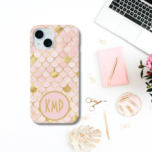 Coque Pour iPhone 15 Monogramme Initiales rose Blush or Mermaid Étales