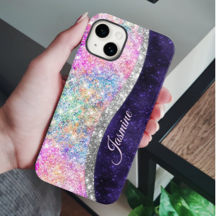 Coque Pour iPhone 14 monogramme irisé de fausse parties scintillant vio