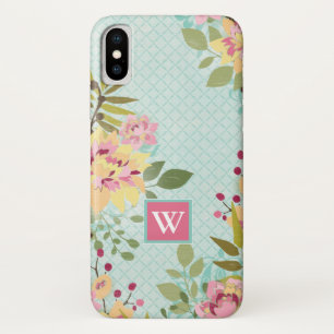 Coque iPhone X Monogramme Jardin floral, Arrière - plan bleu