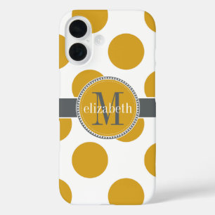 Coques iPhone 16 Monogramme jaune or et gris grand Pois