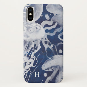 Coques Pour iPhone Monogramme   Jellyfish on Navy Arrière - plan