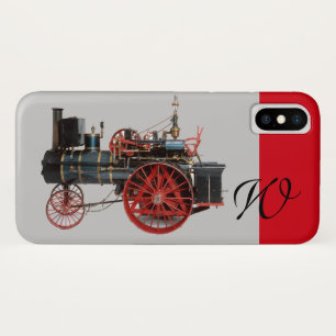 Coque iPhone X MONOGRAMME LOCOMOTIF À VAPEUR vintage gris rouge