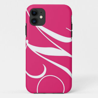 Coque iPhone 11 Monogramme M rose Chaud, Script Blanc