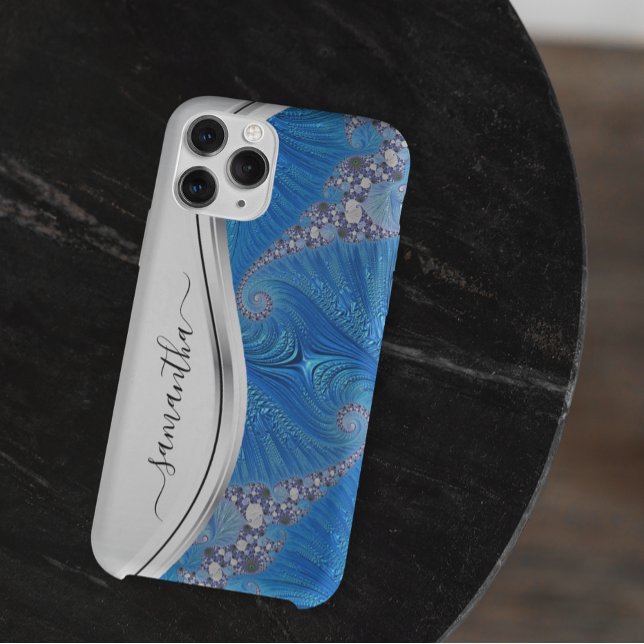 Coques Case-Mate iPhone Monogramme manuscrit en métal blanc bleu (Créateur téléchargé)