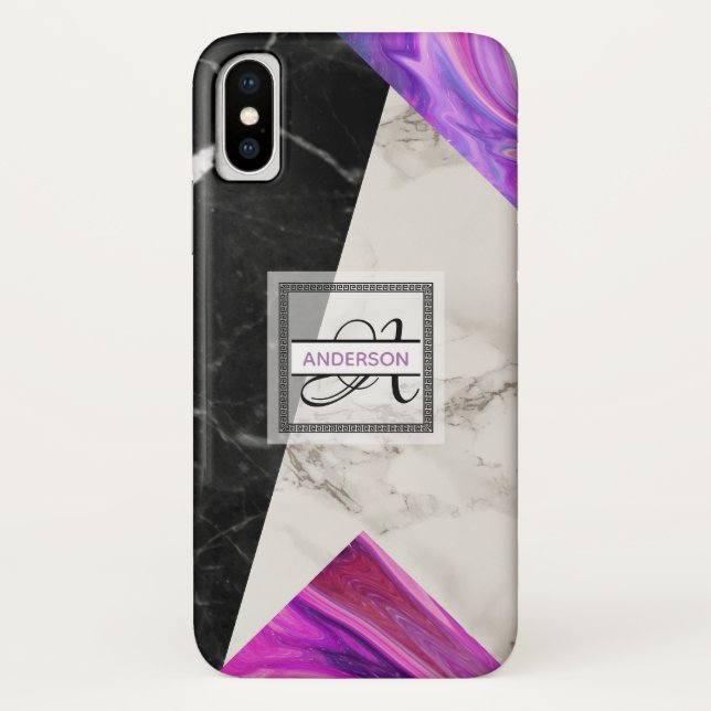 Coques Case-Mate iPhone Monogramme marbre noir rose violet géométrique (Dos)