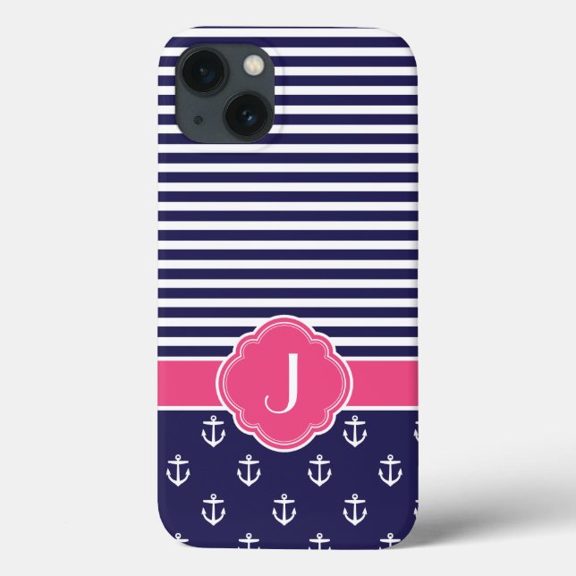 Coques Case-Mate iPhone Monogramme marin bleu et rose de Preppy (Verso)