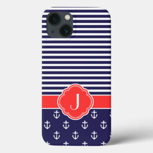 Coques Pour iPhone Monogramme marin bleu et rouge Preppy