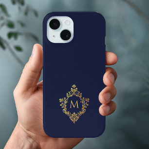 Coque Pour iPhone 15 Monogramme Marine Bleu Élégant Faux Gold Crest Ini