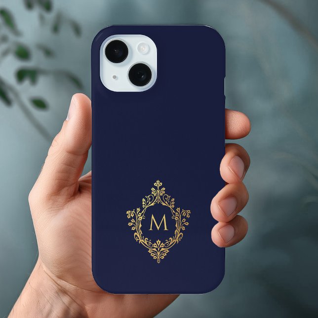 Coques Case-Mate iPhone Monogramme Marine Bleu Élégant Faux Gold Crest Ini (Créateur téléchargé)