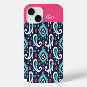 Coque Pour iPhone 15 Monogramme marine et rose Ikat Paisley