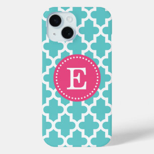 Coque Pour iPhone 15 Monogramme marocain moderne turquoise et rose
