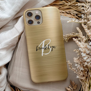 Coque Pour iPhone 15 Monogramme Métal Brossé Or Noir Blanc Script