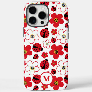 Coques iPhone 16 Pro Max Monogramme mignon Ladybug rouge blanc Fleur Motif