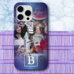 Coque iPhone 15 Pro Max Monogramme moderne 6 Photo Collage Bleu Dégradé