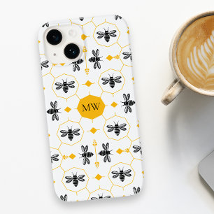 Coque Pour iPhone 14 Monogramme moderne Bee Motif jaune Honeycomb chic