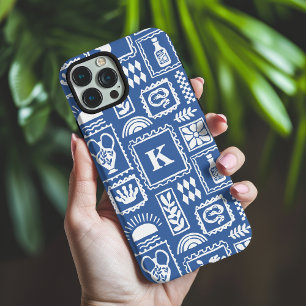 Coques iPhone 16 Pro Max Monogramme Moderne Bleu Blanc Abstrait Motif