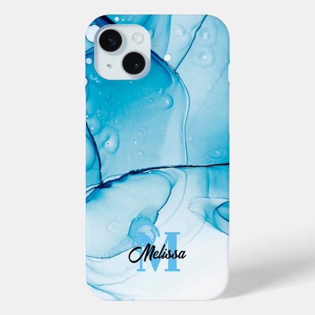 Coques Case-Mate iPhone monogramme moderne bleu marbré (Verso)