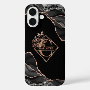 Coque Pour iPhone 16 Monogramme moderne C Noir Agate Marbre Rose Or