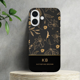 Coque Pour iPhone 16 Monogramme Moderne Élégant Motif Floral Noir Or